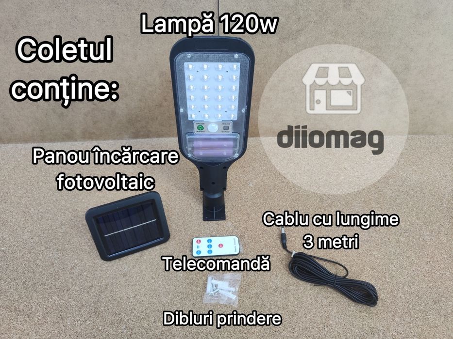 Lampa LED 120W cu panou fotovoltaic detasabil, senzori si telecomanda
