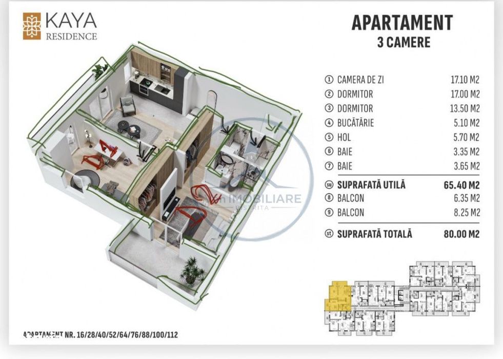 Apartament 3 camere  Kaya Residence  Etaj 10/11
