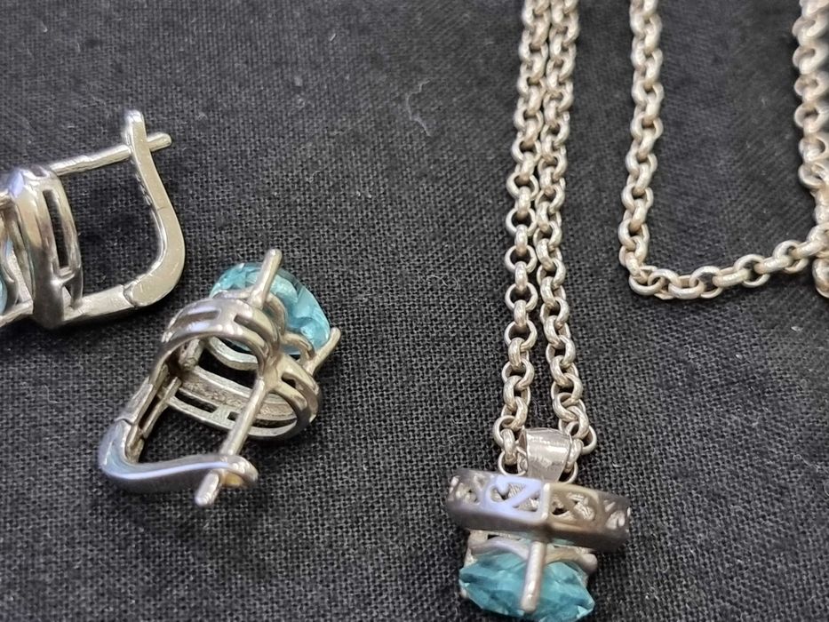 Сребърни бижута, комплект синджир, висулка и обеци,