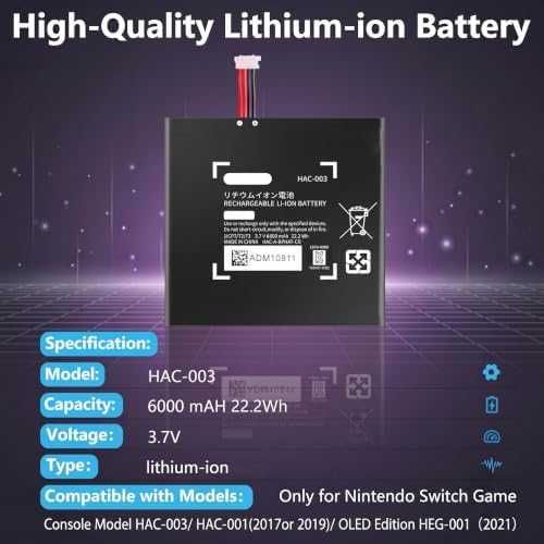 Нова Батерия 6000mAh HAC-003 за Nintendo Switch HAC-001 Подобрена Клетка