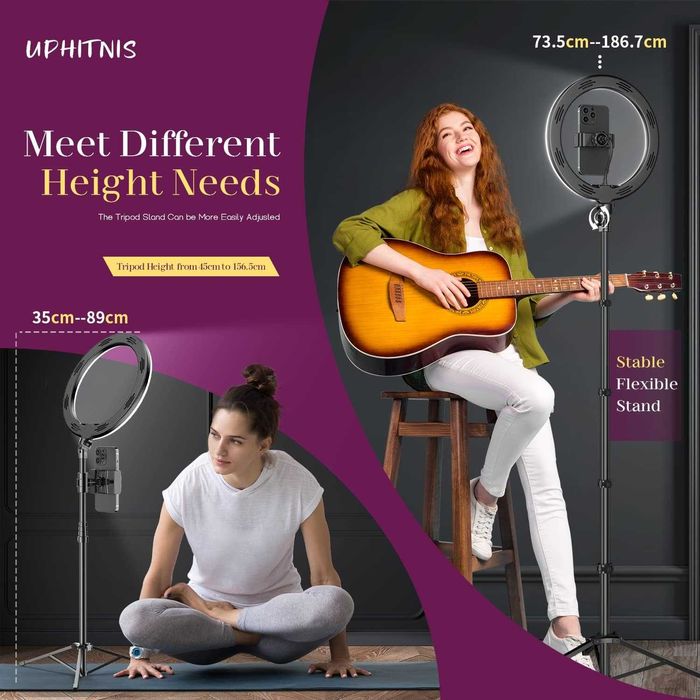 UPhitnis 12-инчова пръстеновидна светлина със статив за  телефон