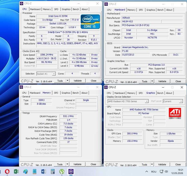Kit micro ATX soket 1155 i5 3570k/MB ASRock H61M-VG3/1x8Gb ddr3/ HD 7750 1Gb ddr5