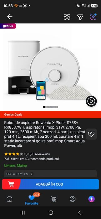 Robot de aspirare Rowenta X-Plorer S75S+ RR8587WH, aspirator si mop, 120 min, 7 senzori, 4 harti- GARANTIE 2 ANI CU FACTURA