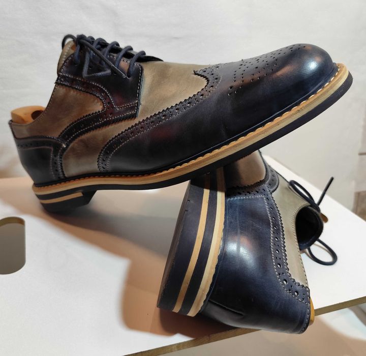 Pantofi derby 46 brogue Nicola Benson piele naturala moale navy gri