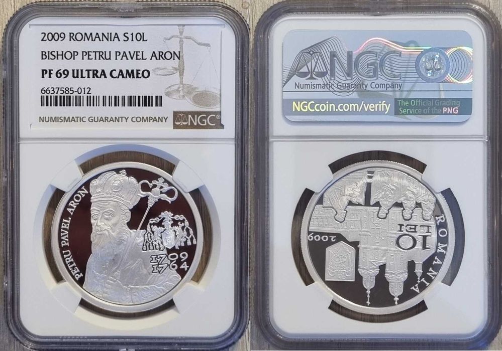 Moneda BNR 10 lei argint episcopul Petru Pavel Aron gradata NGC PF 69