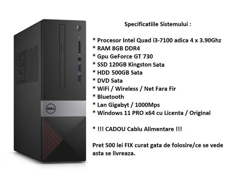 PC GAMING Quad i3-7100/8GB DDR4/SSD 120GB+HDD/GT730/WiFi+BT/W11 500lei