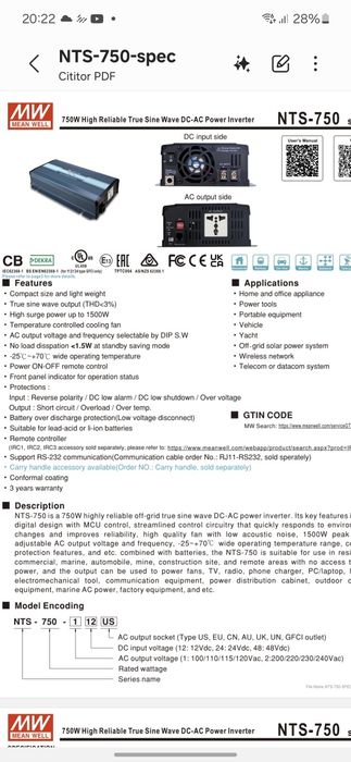 Invertor 48v  MW Mean Well
 NTS-750-248EU