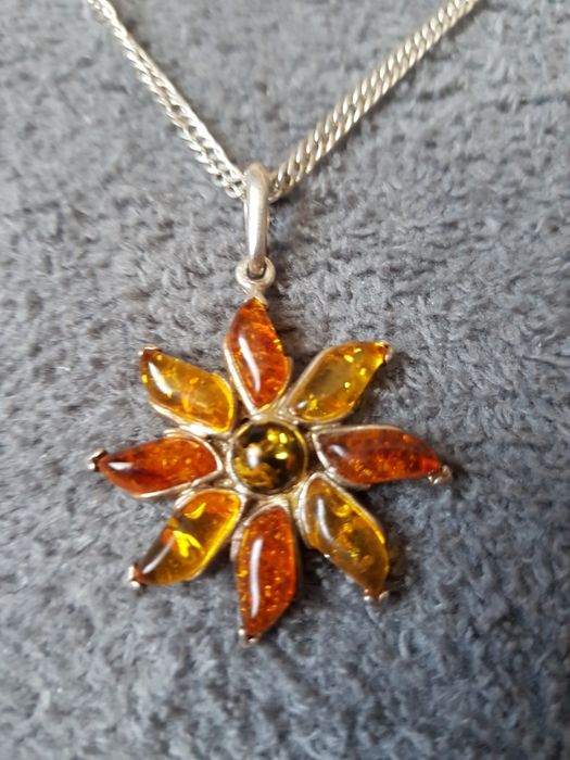 Superb lant cu pandantiv chihlimbar,argint 925,Italy nou,deosebit