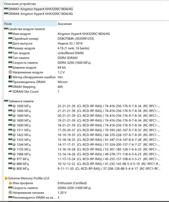 озу DDR4 Hyper x, 3200 mhz 4gb + 4gb