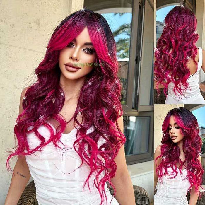 Омбре чуплива перука с ефектно преливане от черно към розови краища