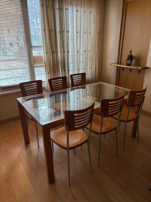 Стъклена трапезна маса 160×90 + 6 стола, дъб/метал, Loft стил