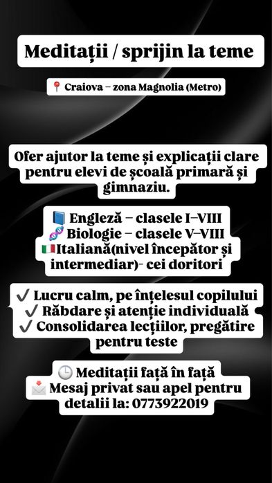 Ofer meditatii Engleza, Biologie si Italiana pentru cei doritori