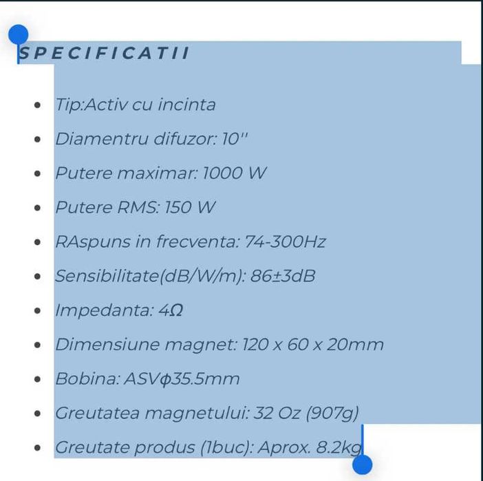 Subwoofer auto Nakamichi 10", 1000W, 150W rms, ca nou, cu kit cabluri