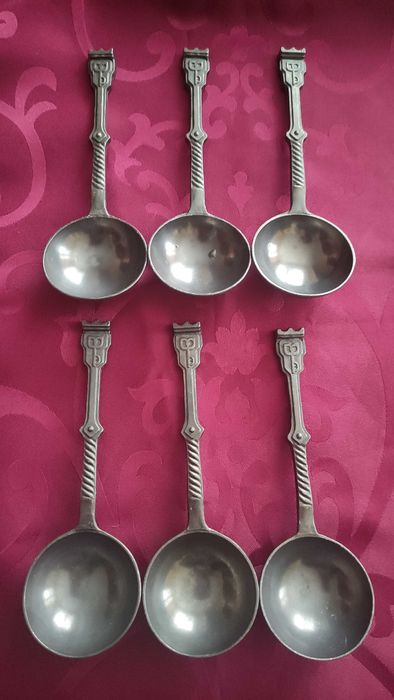 Старинни немски калаени лъжици с маркировка комплект от 6 бр.