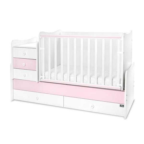 Patut transformabil alb/roz 110x70cm/160x70cm, cu sistem de leganare