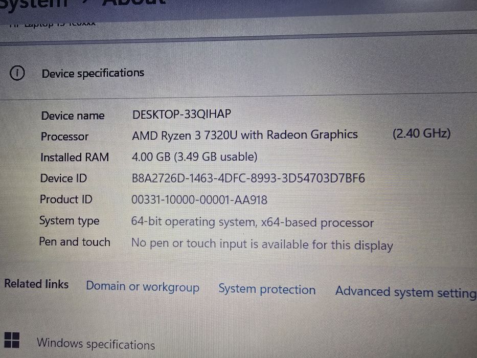 Notebook HP 15 Ryzen3 7320U/4GB/128GB/15.6" FullHD