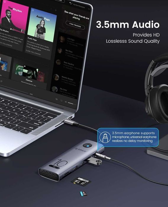 USB Hub Док станция Orico 10в1 Type-C CReader PD 100W 4K-60Hz Ethernet