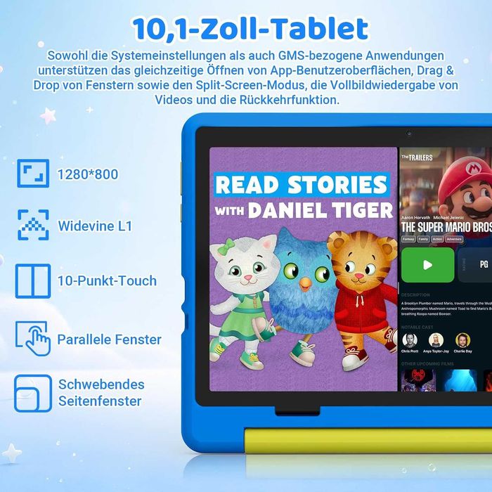 Tabletă pentru copii, 10 inch, Android 16 cu 3 GB RAM + 64 GB ROM (TF 1TB), Wi-Fi 6G, Widevine L1, 6000 mAh, husă de protecție rezistentă la căderi,