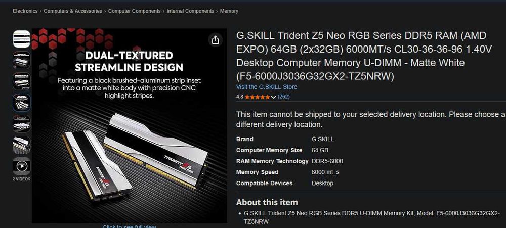 G.SKILL Trident Z5 Neo RGB 64GB (2x32GB) DDR5 6000MHz CL30 White