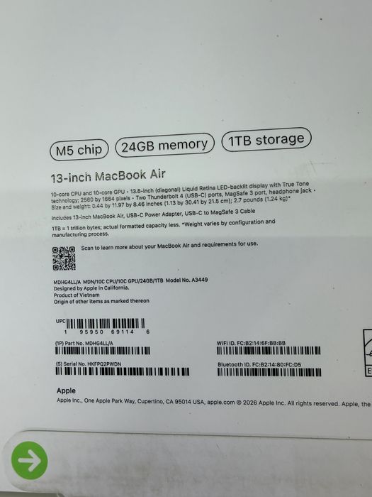 Macbook Air 13 24/1TB M5 silver