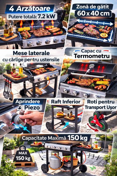 Gratar pe gaz GOODHOME TIPPAH 4 – 4 arzator, 7.2 kW, putere mare