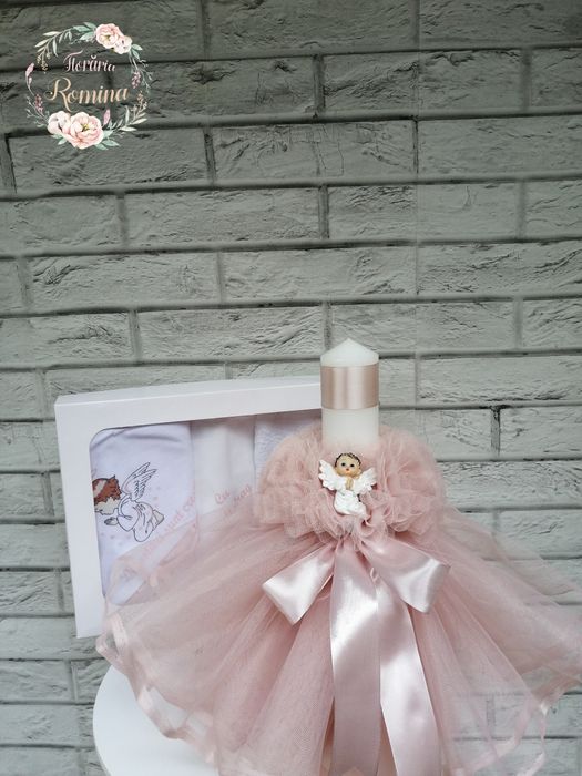 Set trusou pentru botez și lumânare pentru botez decorată/îngeraș