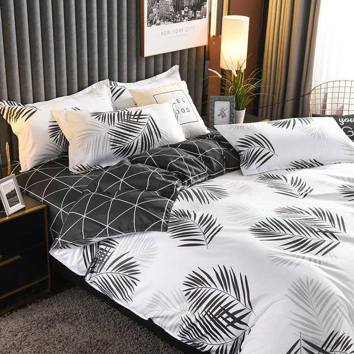 Мек и приятен спален комплект 180x220 бял с черни листа 4 части