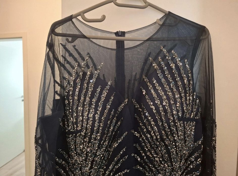 Rochie lungă de seară bleumarin, elegantă, cu paiete și mâneci transparente, mărimea 46