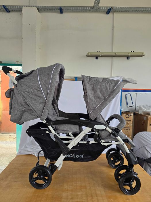 CHIC 4 BABY - Carucior Sibling DUO cu landou si husa de ploaie,  gri