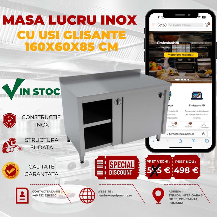 Masa Inox Usi Glisante Cu 1 Polita Intermediara În Stoc