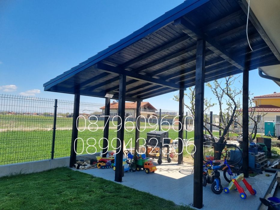 Изграждане на всякакъв вид навеси козирки дървени тераси. Огради.