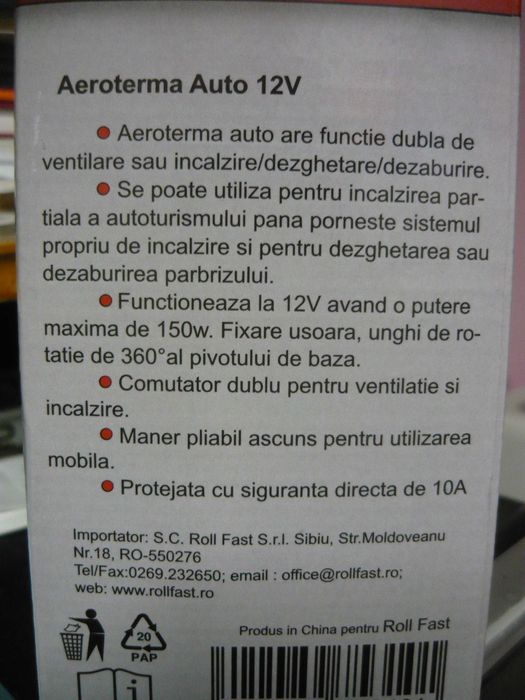 Aerotermă ventilator auto NOUĂ putere 150 W, suport pivotant, mâner rabatabil