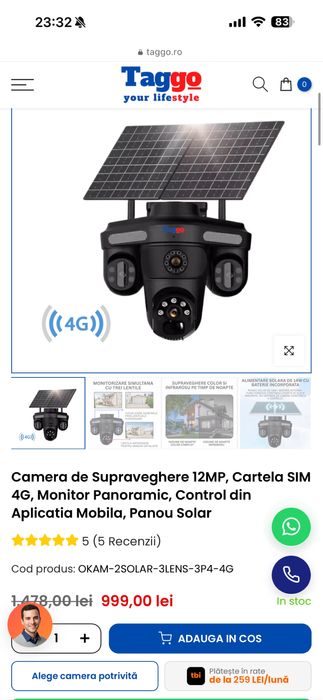 Camera Crocodil de supraveghere cu 2 Panouri Solare, 4 lentile, 4G  12 MP IP66