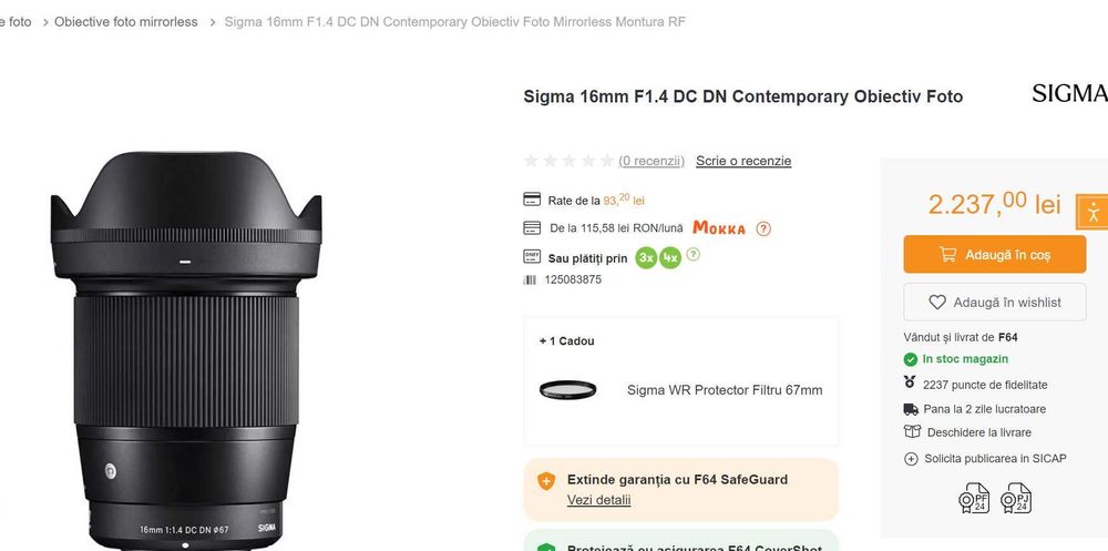 Obiectiv UltraWide SIGMA 16mm f1.4 DC DN Contemporary - Canon Eos M