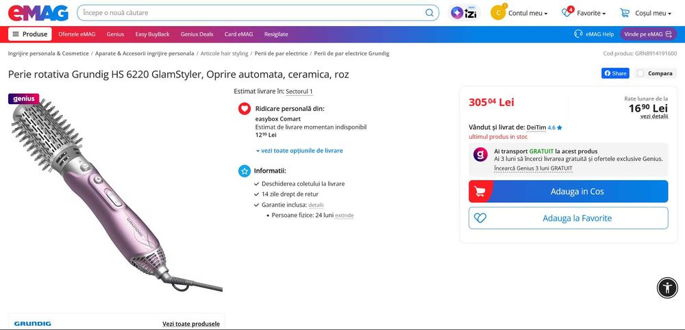 Perie rotativă Grundig HS 6220 GlamStyler 1100W, 3 capete  înveliș ceramic, aer rece, 2 trepte temperatură, volum și bucle profesionale Coafura DAMA