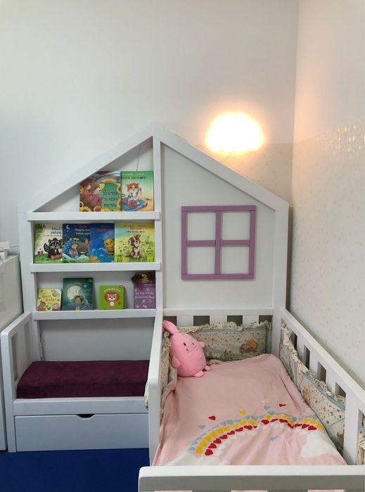 Pat copii montessori leduri cu telecomanda saltea si bancuta incluse