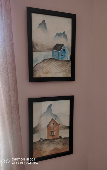 Нова картина с рамка ръчно рисувана акварел червена планинска къща