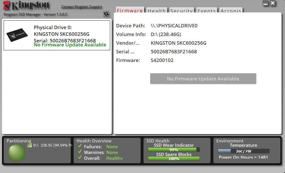 SSD Kingston KC600 256GB SATA III – 94% Health – Testat Complet – 100% Funcțional  Descriere