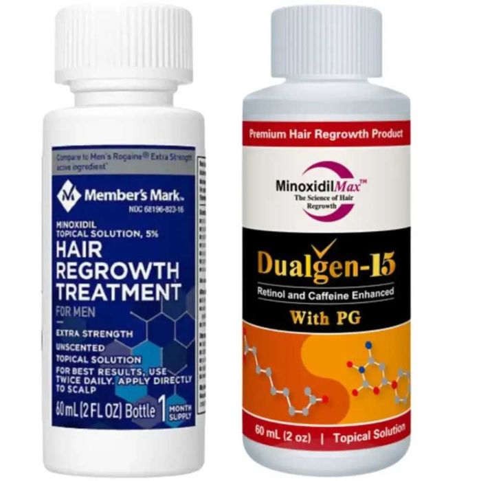 Minoxidil Dualgen 15% Cu PG + Minoxidil Member’s Mark 5%, 2 luni