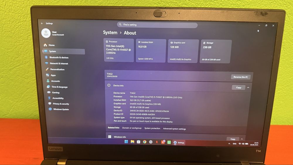 Lenovo Thinkpad T14 Gen 2i, core I5-1145G7, 16 GB RAM, 256 GB NVME Samsung- impecabile