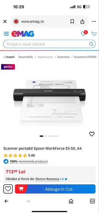 Scanner portabil Epson WorkForce ES-50, A4