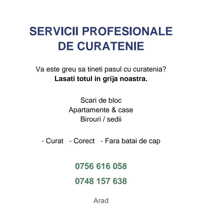 Oferim servicii de curatenie.
