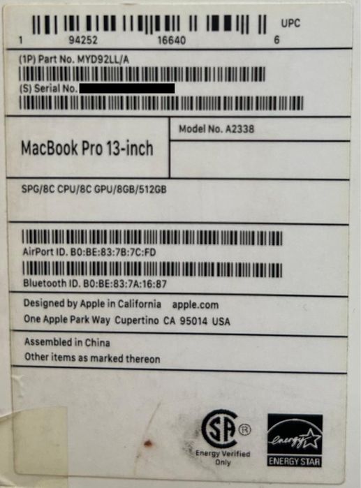 apple macbook pro 13 8gb / 512 gb A2338