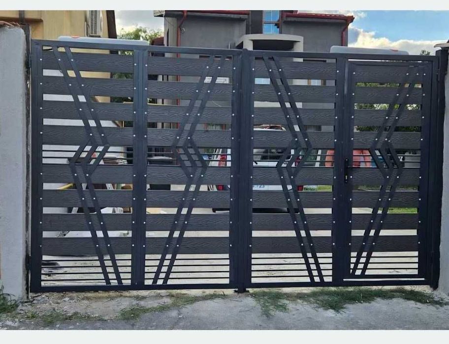 Vanzare si montaj decoratiuni gradina garduri si porti din rier forjat model jaluzea WPC decupate laser