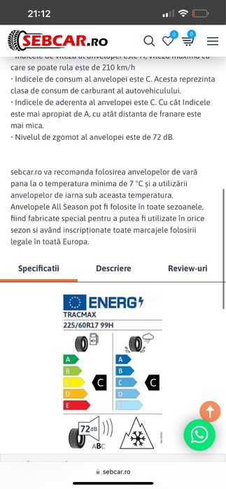 Anvelope iarna 225/60 R17 , profil 7.5mm, 3 buc. Indicativi C si C
