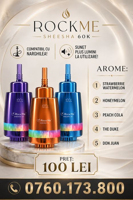 NOU!Tigara electronica / E-Shisha  Mega Vape Rock Me Sheesha 60k,sunet la utilizare +fum dens+lumini,  COMPATIBIL cu NARGHILEAU CLASICĂ, originale