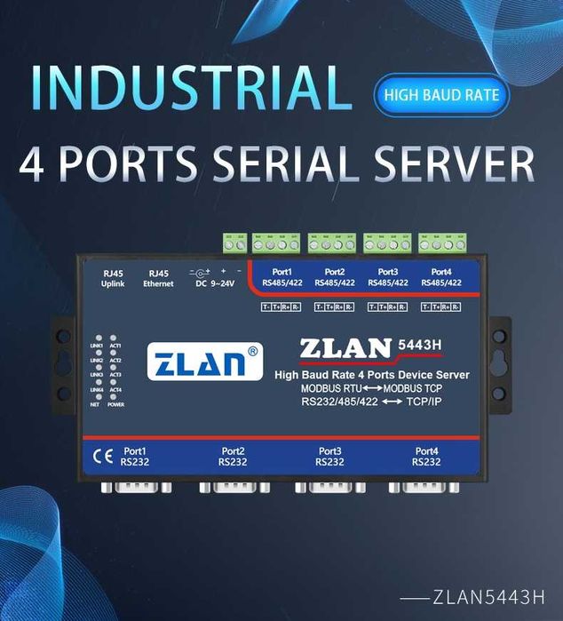 ZLAN5443H 4-портов високоскоростен сървър RS232/485/422 към Ethernet.