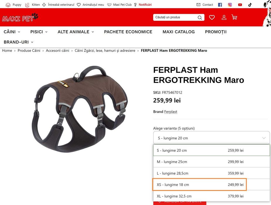 Ham caine, Ferplast ERGOTREKKING, Marime XS, Maro, Reglabil