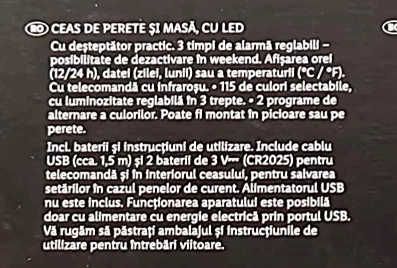 Ceas cu temometru, de perete sau de masa, birou, cu telecomanda, cu LED, 3D, nou sigilat, din Germania; 115 culori si multe jocuri de lumini; 3 alarme