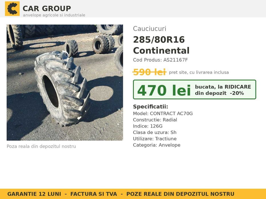 Anvelope Cauciucuri 285/80R16 285/80 R16 285 80 R16 2858016 Continental Incarcator Buldo si Industrial SH Second Hand VERIFICATA Garantie 1 An